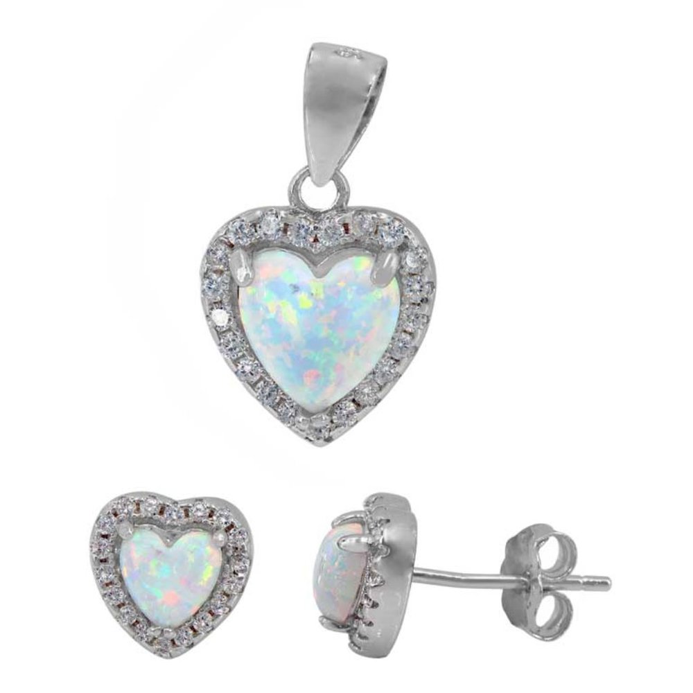 Sterling Silver Opal Heart Set